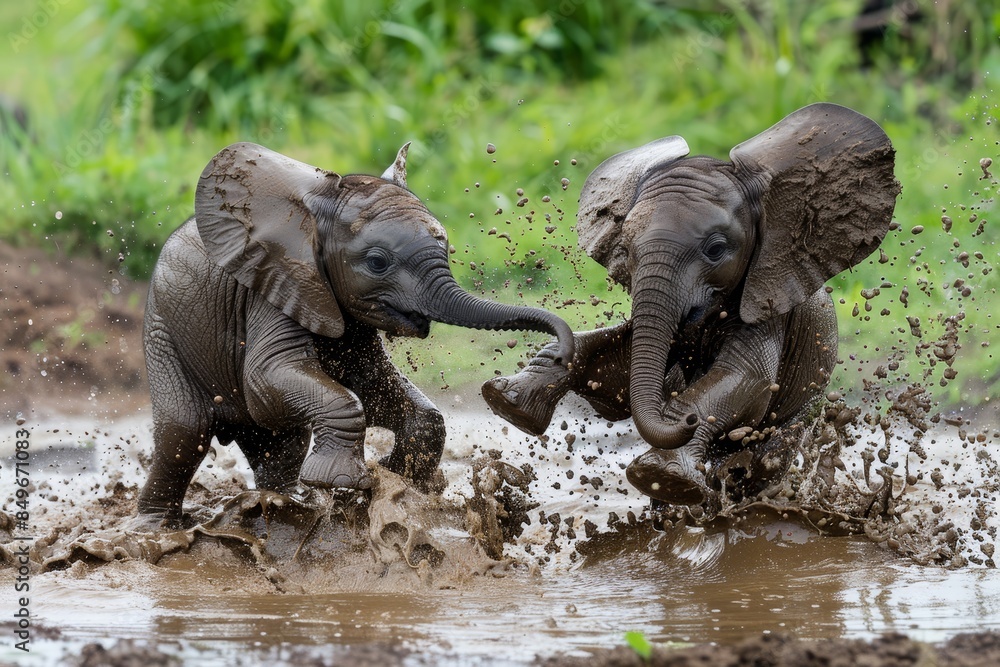 Fototapeta premium Joyful Baby Elephants Splashing in Mud Near a Waterhole