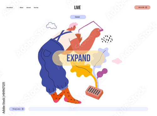 Life Unframed: Painter -modern flat vector concept illustration of a man drawing a house on the wall. Metaphor of unpredictability, imagination, whimsy, cycle of existence, play, growth and discovery