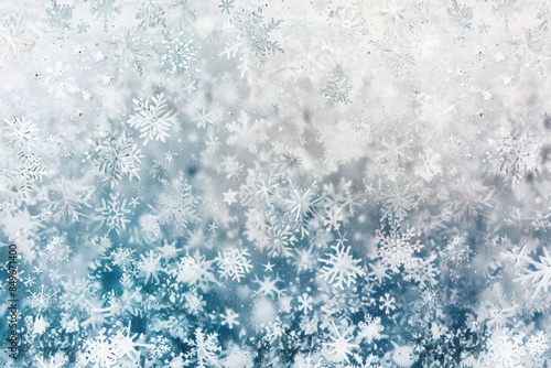 Snowflakes falling on blue and white background, creating magical winter wonderland. Delicate ice crystals shimmer, evoking holiday celebration. Frosty beauty for projects