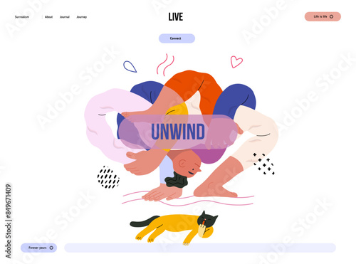 Life Unframed: Yoga -modern flat vector concept illustration of man tied himself in knot, doing yoga. Metaphor of unpredictability, imagination, whimsy, cycle of existence, play, growth and discovery