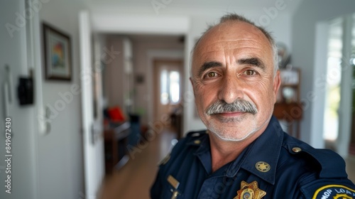 A man in a police uniform takes a selfie in a well-lit room with a blurred background © Roman Korneev