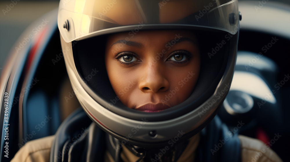 Portrait of a female african american racing car driver with his helmet on looking at the camera. Focused car driver in cockpit Portrait of a female african american racing car driver with his helmet on looking at the camera. Focused car driver in cockpit