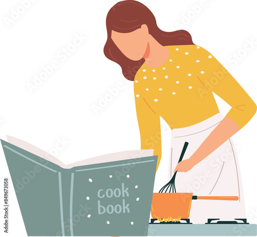 Woman cooking following recipe cook book. Female chef preparing meal reading cookbook kitchen. Adult woman whisking ingredients pot stove home cooking
