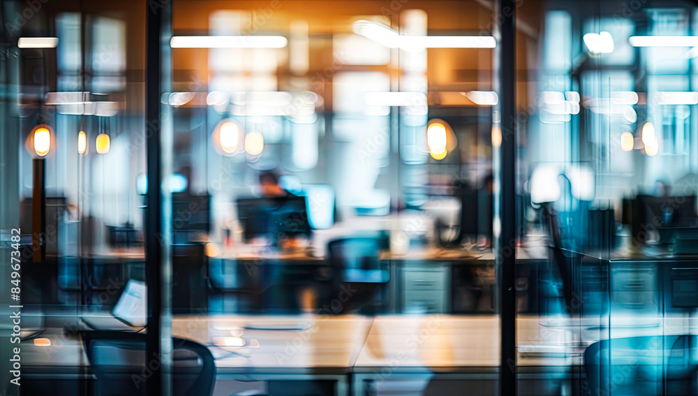 blurred background of an office with people working on their computers, captured through the glass door blurred background of an office with people working on their computers, captured through the glass door