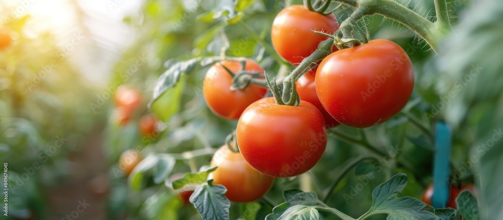 Ripe tomatoes growing on vine in a greenhouse Ripe tomatoes growing on vine in a greenhouse