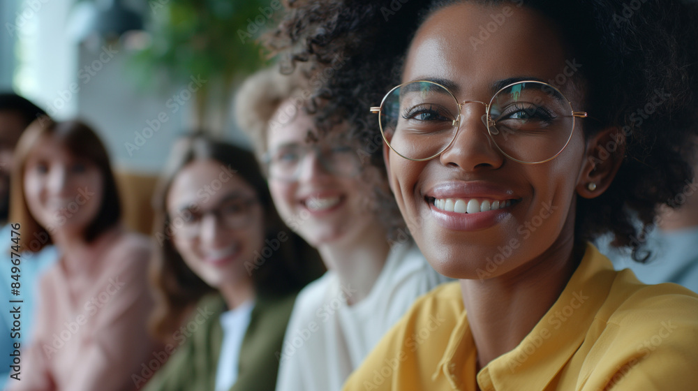 Diverse and inclusive group of office colleagues smiling at a team building workshop event, workplace race inclusion and diversity concept Diverse and inclusive group of office colleagues smiling at a team building workshop event, workplace race inclusion and diversity concept