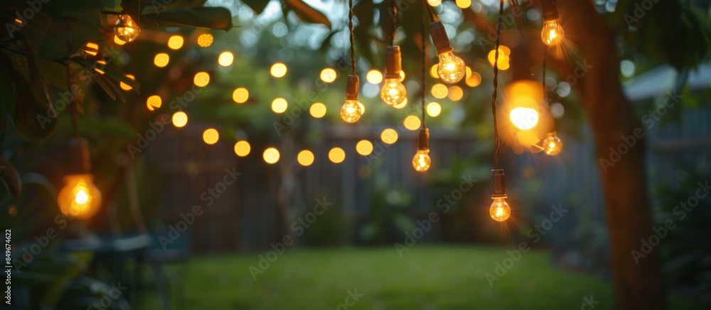 Obraz premium Fairy lights hanging from tree branches at dusk