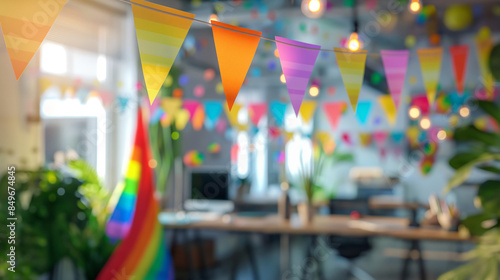 Pride month in the office. Blurred open plan vibrant creative workplace image with rainbow bunting and gay lgbtq+ party flags. Inclusive & diverse business, positive company culture photo
