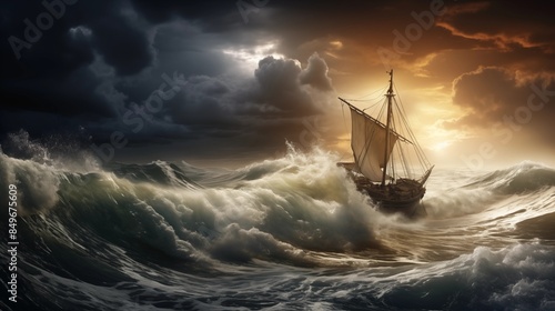 boat in stormy sea.