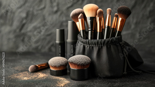 Makeup brushes and tools on a bag, make-up products set
