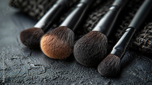 Makeup brushes and tools on a bag, make-up products set 