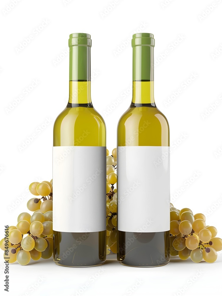 Obraz premium wine bottles with grapes mockup isolated on white background, blank white labels design