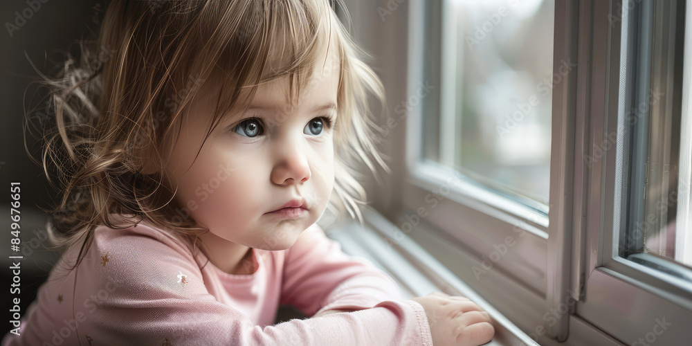 Little child sitting on the window sill and looking out window. Social advertising, danger of a child falling out of a window, child protection Little child sitting on the window sill and looking out window. Social advertising, danger of a child falling out of a window, child protection