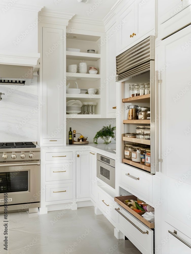 White modern kitchen and pantry interior White modern kitchen and pantry interior