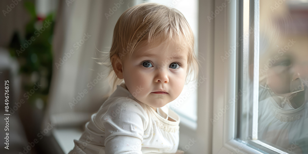 Little child sitting on the window sill and looking out window. Social advertising, danger of a child falling out of a window, child protection Little child sitting on the window sill and looking out window. Social advertising, danger of a child falling out of a window, child protection