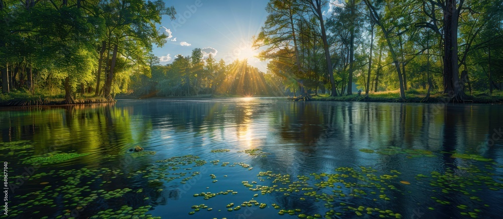 Obraz premium Serene sunset over a river in the forest