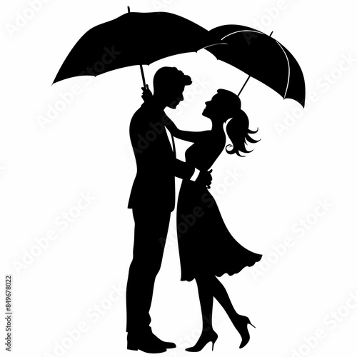 The couple is depicted holding an umbrella on their head in a romantic moment