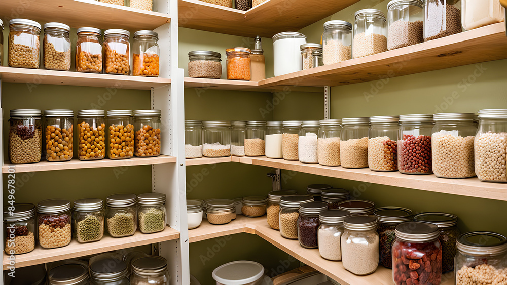 Organized Kitchen Pantry Storage Room with Food Containers and Glass Jars on Shelves Organized Kitchen Pantry Storage Room with Food Containers and Glass Jars on Shelves