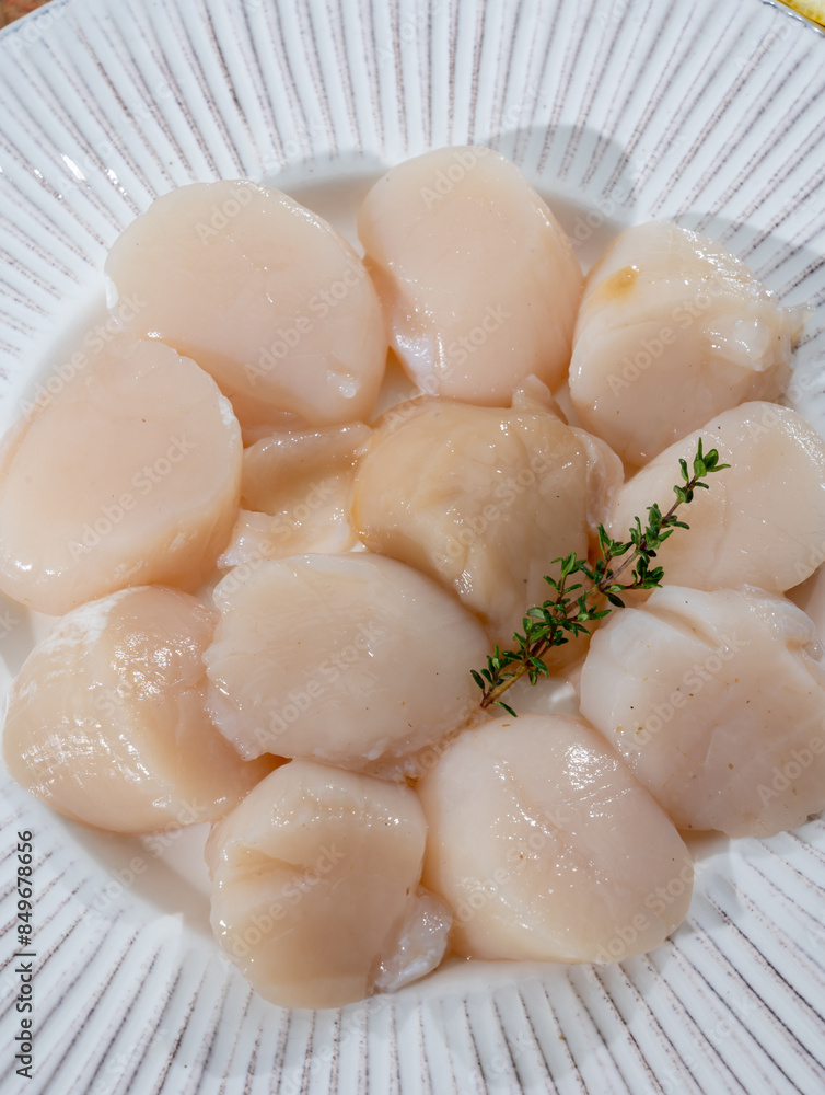 Atlantic bay cleaned scallops coquille St. James sea shells, catch of the day in Normandy or Brittany, France