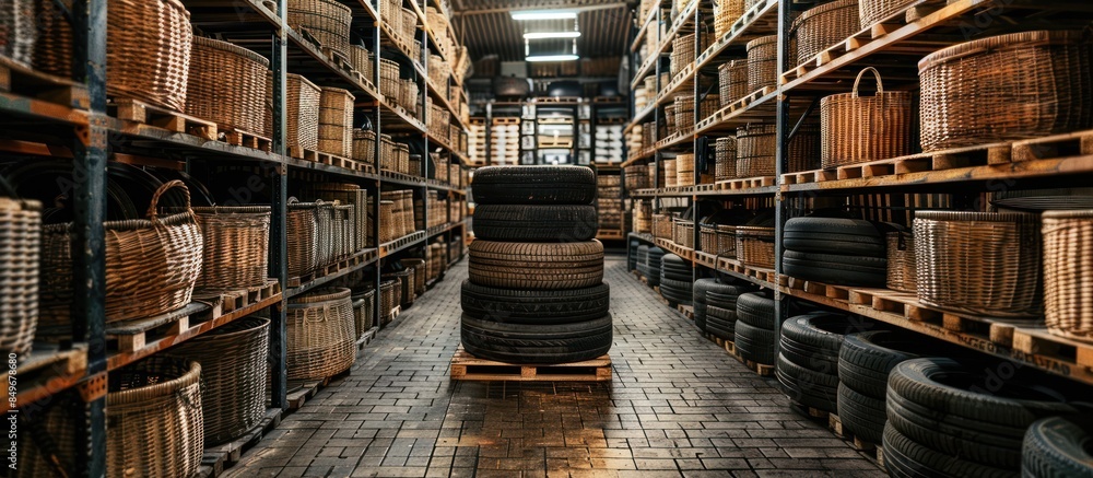Warehouse with wooden pallets and baskets Warehouse with wooden pallets and baskets