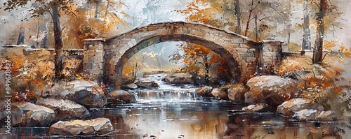 Rustic bridge over a tranquil stream, earthy tones, serene, realistic painting