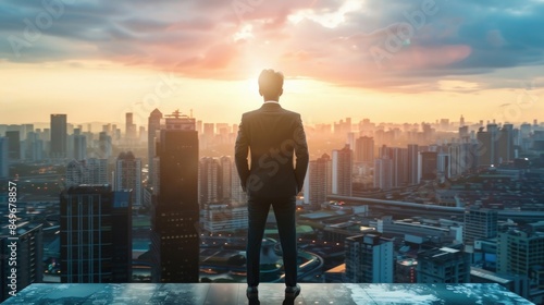 Back view business man executive standing in modern big city looking and dreaming of future business success business mission ambition and vision concept