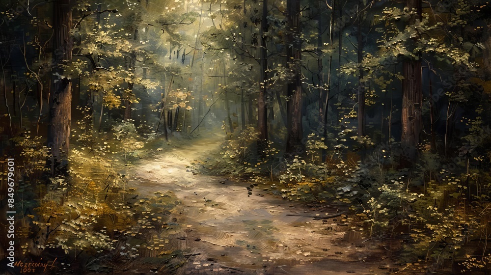 Fototapeta premium Rustic pathway through a forest, earthy tones, serene, realistic painting