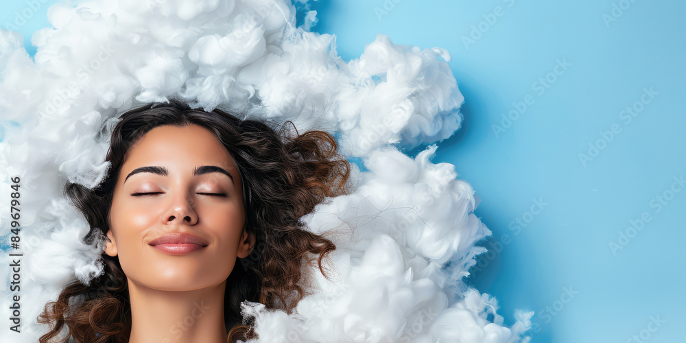 Sleeping happy woman head on the white fluffy cloud on colored background Sleeping happy woman head on the white fluffy cloud on colored background