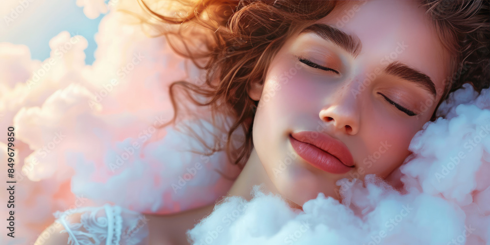 Sleeping happy woman head on the white fluffy cloud on colored background Sleeping happy woman head on the white fluffy cloud on colored background