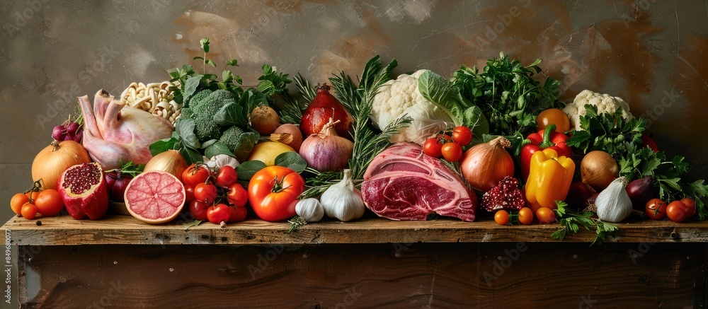 Wooden table displayed with fresh produce and meat Wooden table displayed with fresh produce and meat