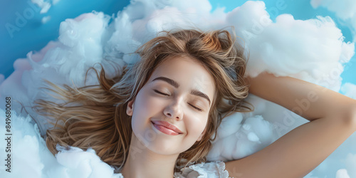 Sleeping happy woman head on the white fluffy cloud on colored background