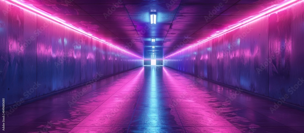 Neon lights illuminate empty tunnel Neon lights illuminate empty tunnel