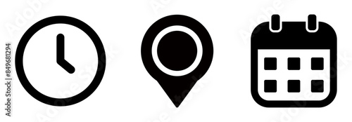 Time, address and date icon vector in flat style. Clock, pin map location, and calendar signs