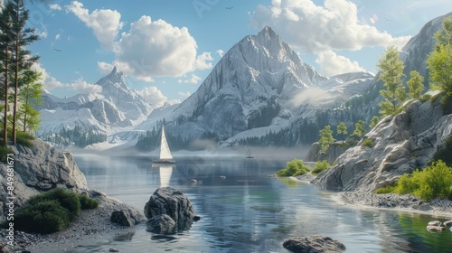 Mountain lake with sailboats and snow-covered peaks. Scenic landscape photography