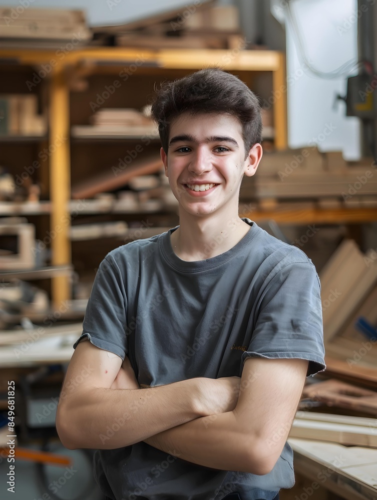 portrait of smiling young woodworker standing in workshop with arms crossed portrait of smiling young woodworker standing in workshop with arms crossed