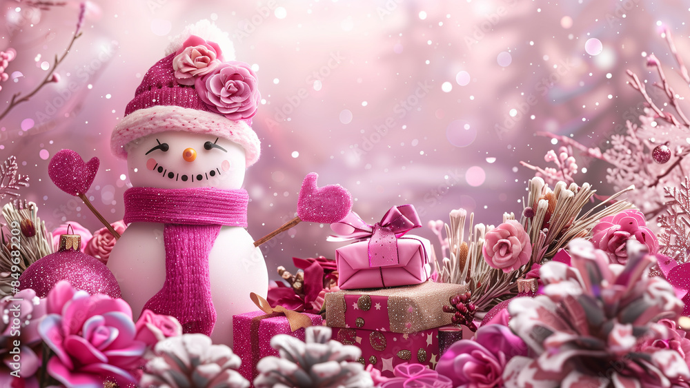 Obraz premium Glittering Winter Wonderland: A Pink and White Snowman Amidst Gifts