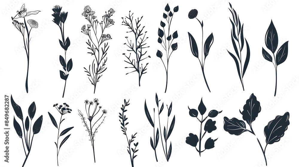 Plant nature hand drawn set. Collection botanical element Plant nature hand drawn set. Collection botanical element