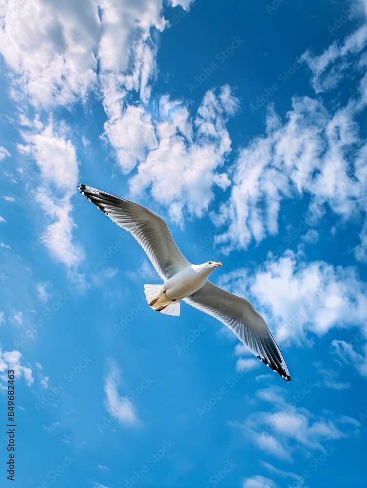 Obraz premium panoramic view of seagull flying in the blue sky