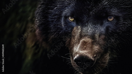 A close-up of a bear's face, emphasizing its intense eyes and textured fur against a dark background.