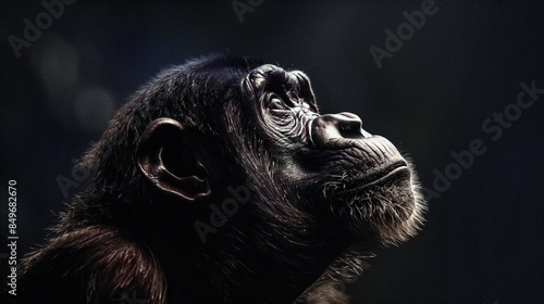 A side profile of a chimpanzee looking upwards, captured with detailed fur and facial expressions in a dimly lit setting.