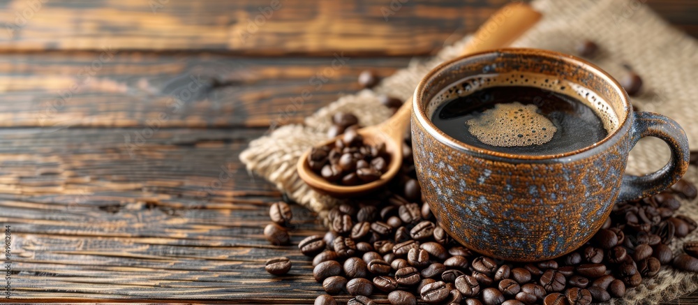 Rustic coffee cup with roasted beans Rustic coffee cup with roasted beans
