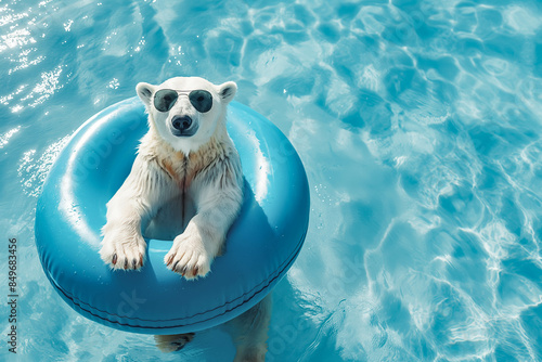 Cool polar bear in sunglasses swimming on the inflatable ring on the blue sea or pool water photo