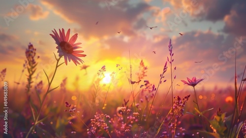 Fototapeta Naklejka Na Ścianę i Meble -  Field of flowers sunset