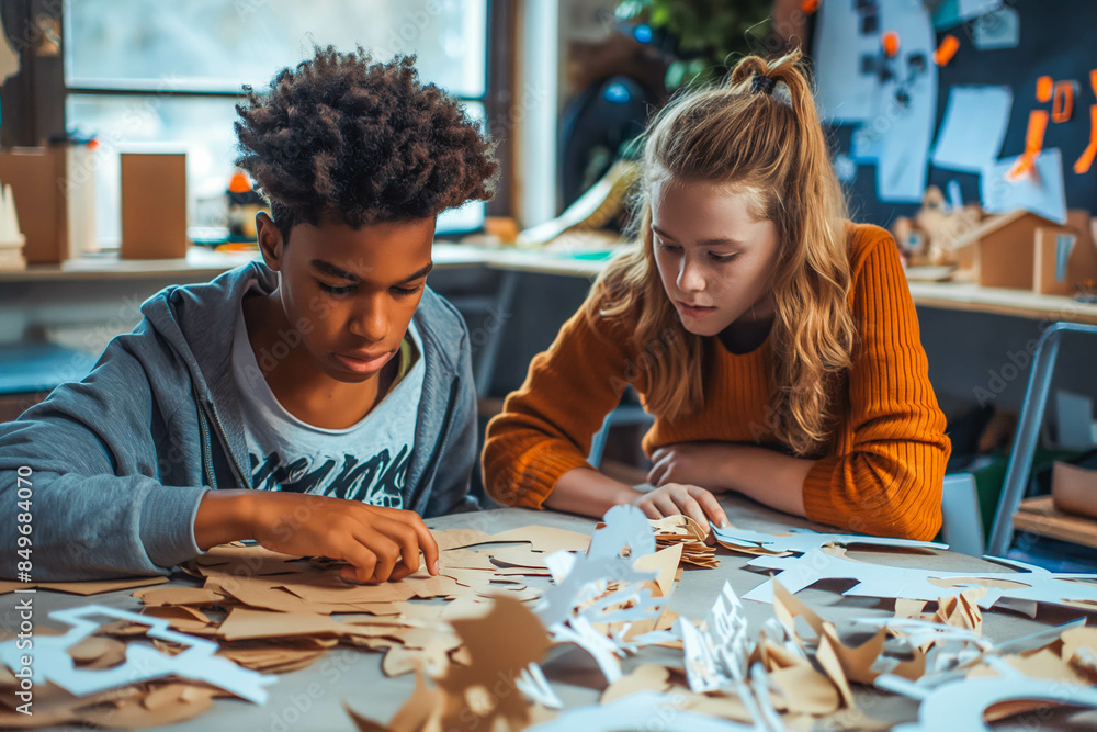 Fototapeta premium Two teenagers working on a stop motion animation involving paper cutouts.