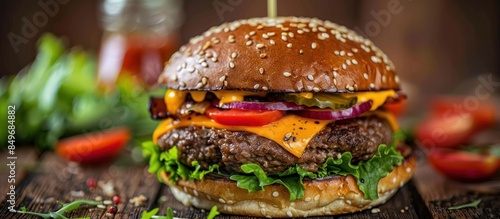Close-up of a beefy cheeseburger photo