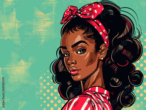 beautiful black woman vector illustration in pop art and pin app style