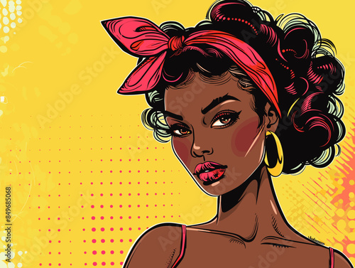A woman with a red bandana on her head. She has a red nose and is wearing gold hoop earrings