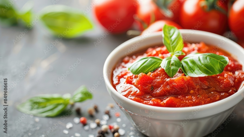 Close-up of a bowl of tomato sauce with a fresh tomato and basil sprig beside it