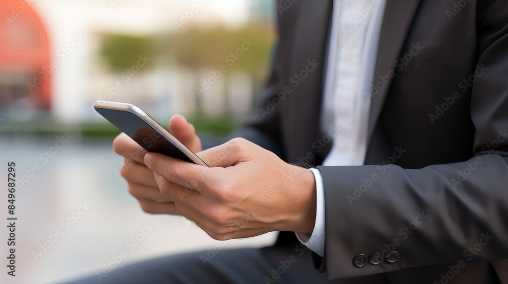 Businessman in suit holding smartphone, texting or checking emails outdoors, close-up of hands, modern communication, productivity on the go. Businessman in suit holding smartphone, texting or checking emails outdoors, close-up of hands, modern communication, productivity on the go.