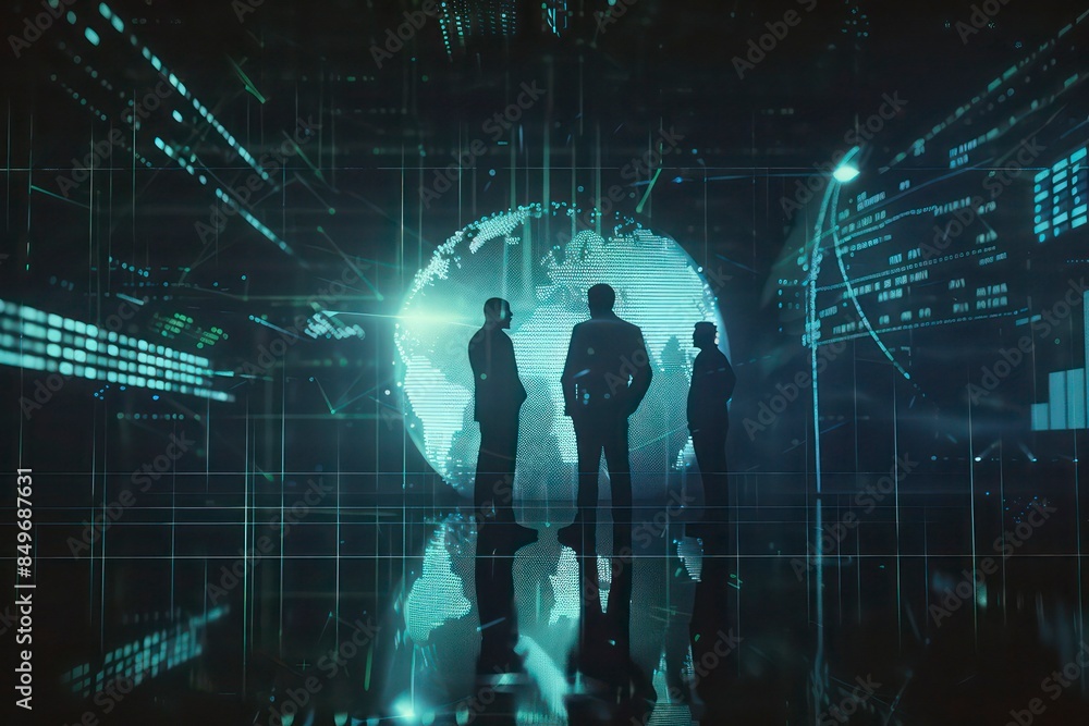3D Tech Illustration of a Data Analytics Tool Featuring a World Globe and Businessmen Silhouettes 3D Tech Illustration of a Data Analytics Tool Featuring a World Globe and Businessmen Silhouettes